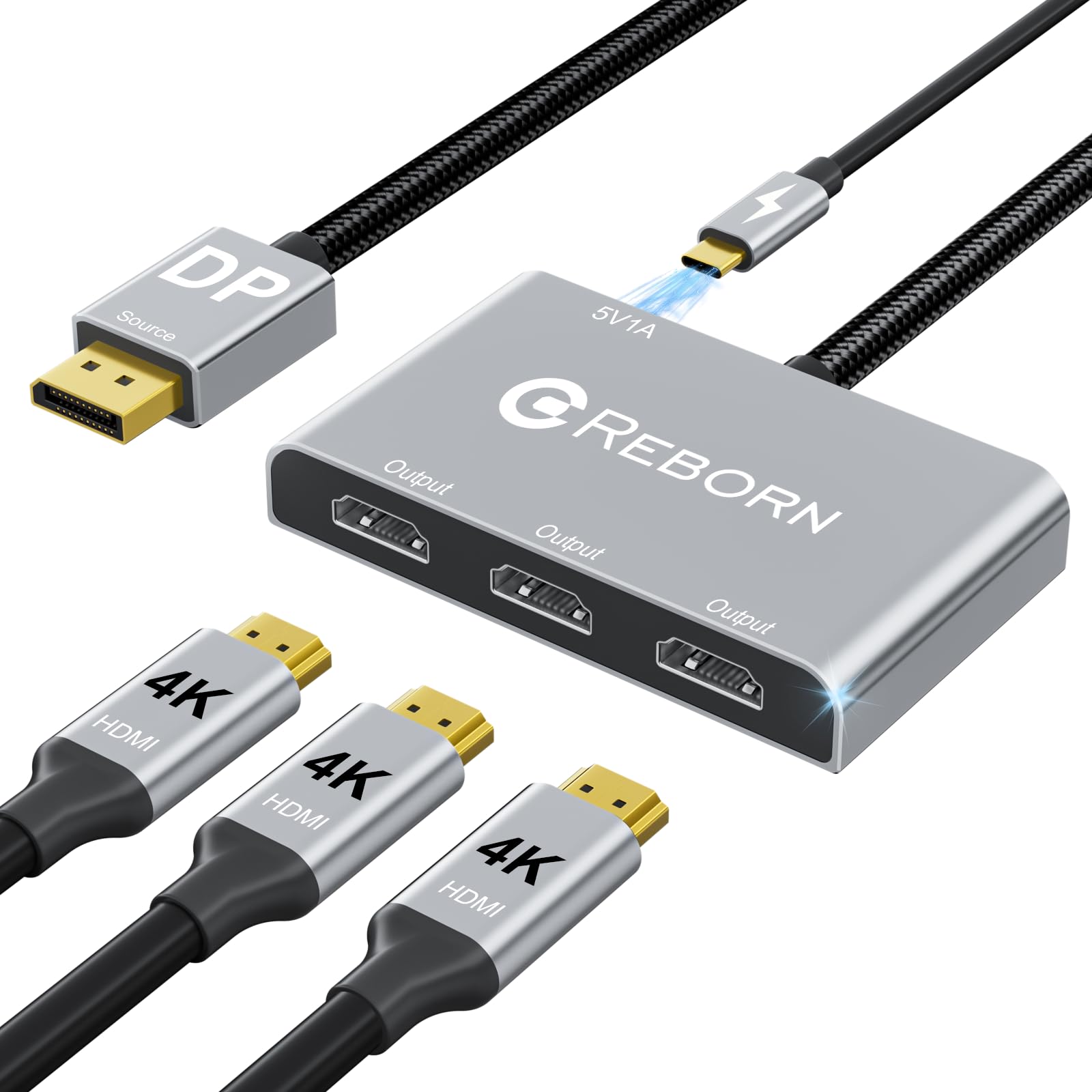 Reborn Adaptateur multi-moniteurs DisplayPort vers HDMI, DP vers 3 x HDMI MST Hub (4K @ 60 Hz) pour mode d'affichage étendu ou cloné, port d'affichage vers 3 ports HDMI avec PC, NVIDIA, AMD
