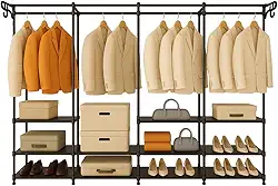 Arara Cabideiro 4 Colunas com Sapateira e 10 Prateleiras Armário Organizador Quádruplo Estilo Aberto para Closet e Quarto de Casal Grande Premium