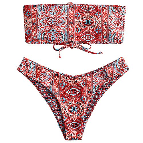 ZAFUL Women's Ethnic Floral Print Lace-Up Bandeau Bikini Set Two Piece Swimsuit