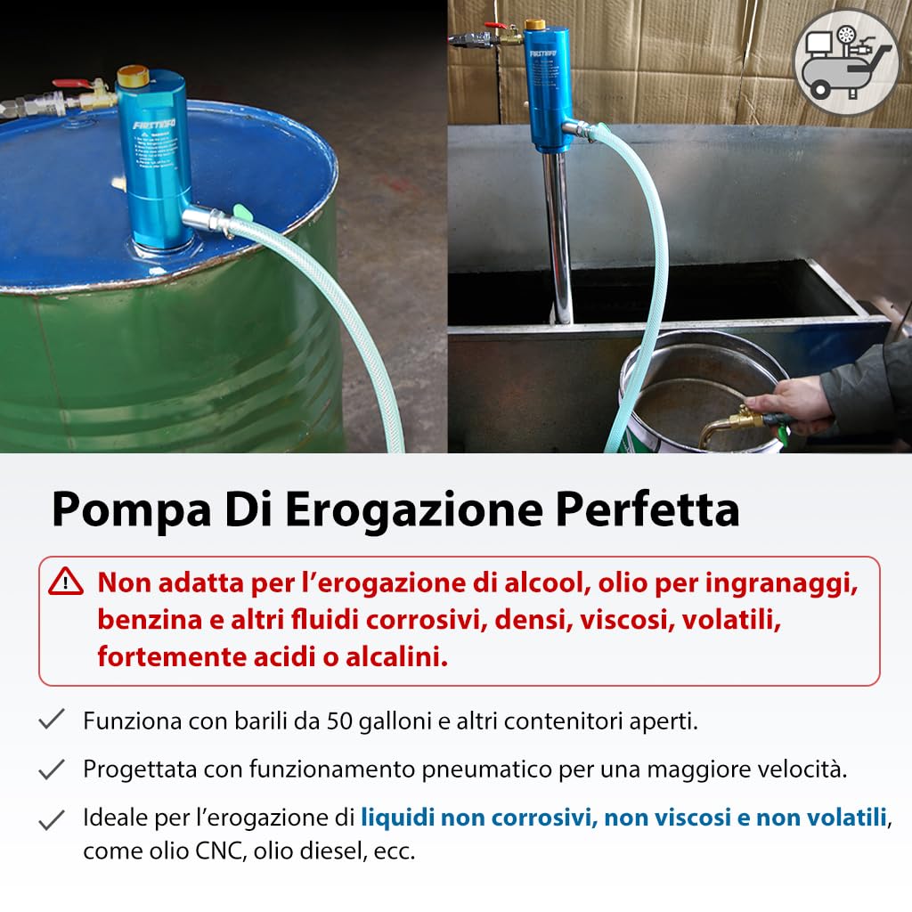 FIRSTINFO Pompa Pneumatica per Fusto 200L, Sistema 1:1 per Fluidi ad Alta Viscosità, Distributore per Serbatoi Aperti, Compatibile con Lubrificanti, Motore e Trasmissione, A1182EU