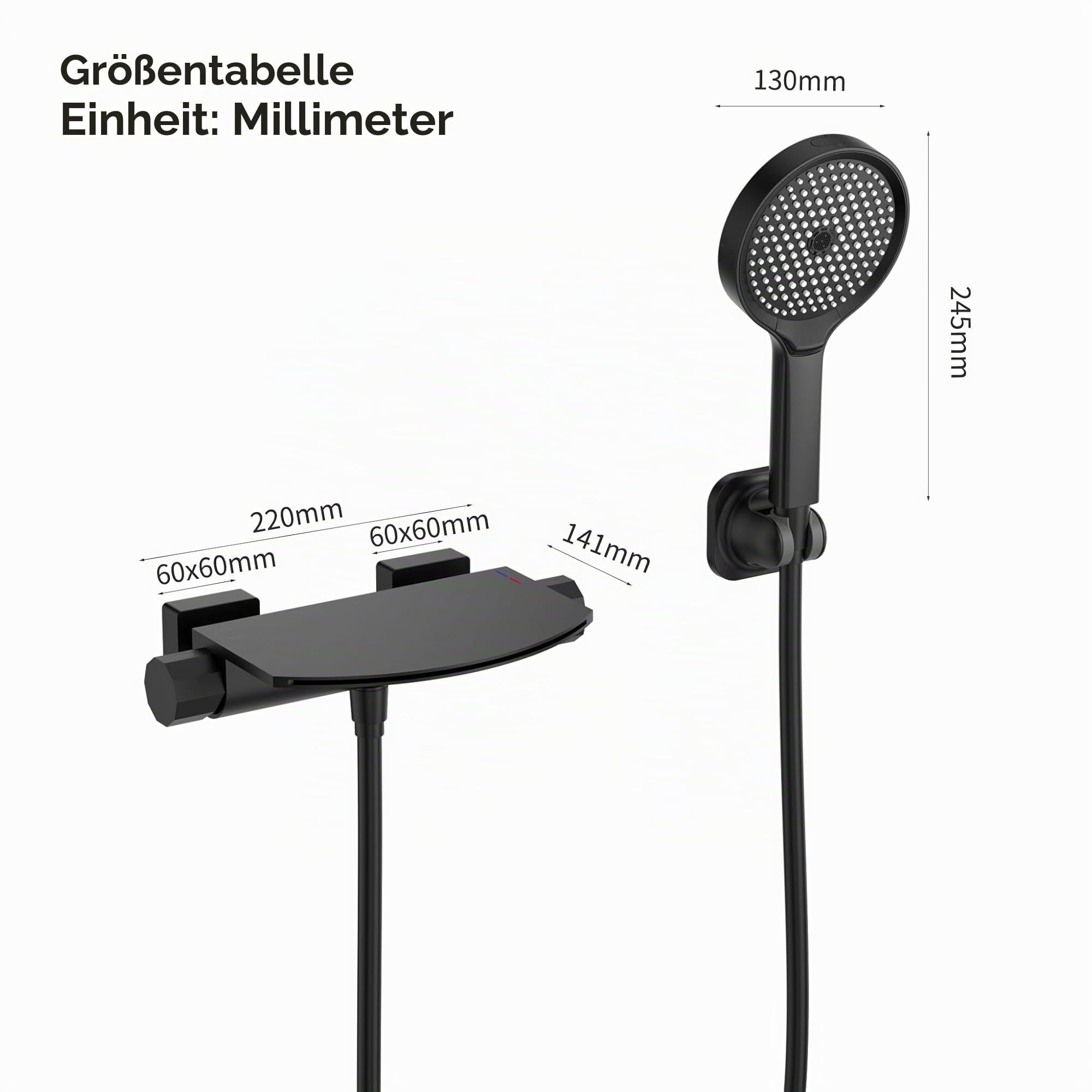 HOMELODY Badewannenarmatur Schwarz, Badewannenarmatur mit Handbrause, Wasserfall Wannenarmatur, Messing Mischbatterie Wandarmatur für Badewanne, Wandmontage mit großer Plattform