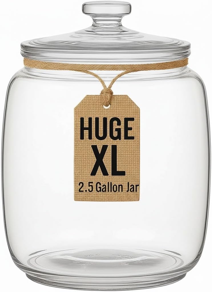 kitchentoolz 2.5 Gallon Extra Large Glass Cookie Jar with Airtight Lid – XL Clear Storage Container for Bulk Cookies, Candy, Flour, Dog Treats & More – Oversized Jar for Kitchen or Laundry Room