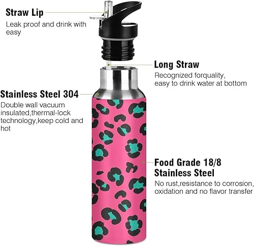 Miniatura 3 de Leopard Spots Pink Stainless Steel Water Bottle 32 Oz, BPA-Free Sports Water Bottle with Straw Leakproof Water Bottles