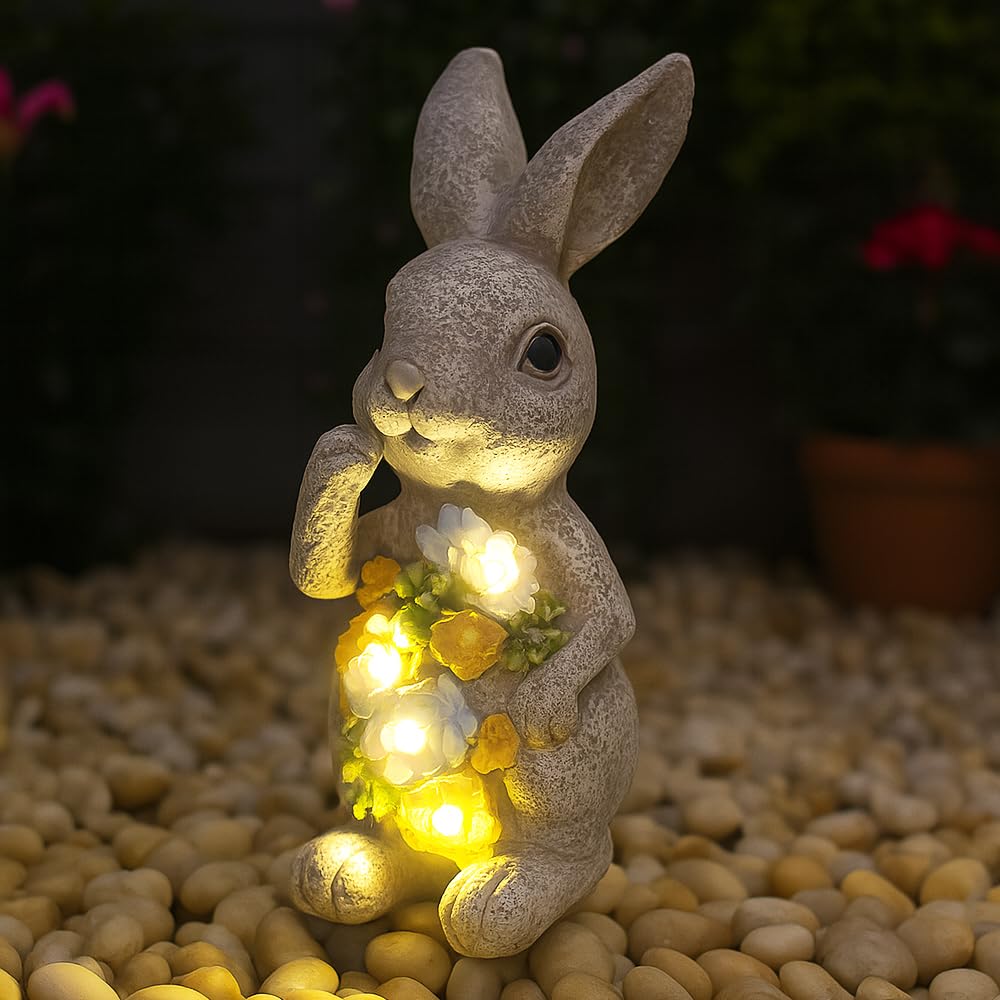 Solar Bunny Garden Ornament Outdoor Rabbit Statue with Succulent Plant & LED Lights, Decorative Animal Figurine for Patio, Balcony, Yard, Lawn – Unique Housewarming Gift for Grandparent Friend