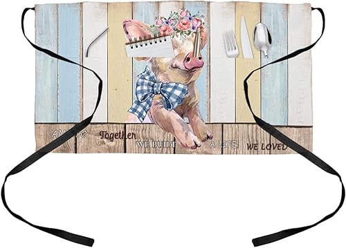 Delantal de media cintura con 3 bolsillos para camarera, camarero, restaurante, chef de cocina, barbacoa, grano de madera azul y marrón, para niños,