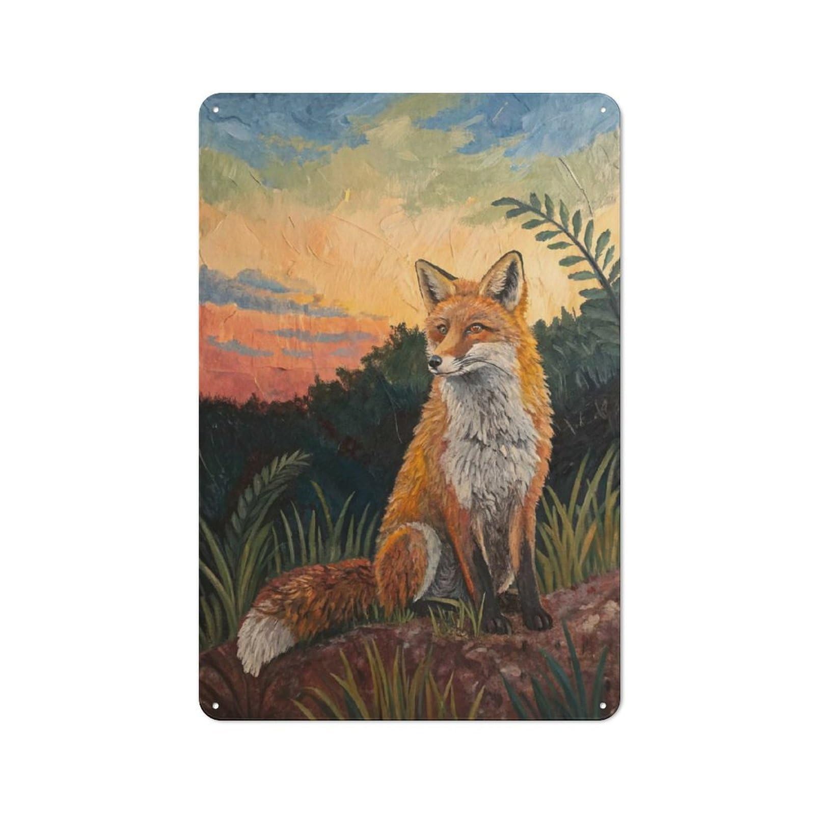 Junmoney Style-20 Metal Gift Sign With Fox Sitting In Nature At Sunset Design 30X20cm, Character Room Wall Plaque For Flat, Dorm Room, Lounge Or Cafe