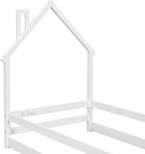 Miniatura 157 de Cama de plataforma de madera de tamaño individual con cabecero y cercas en forma de casa, sin rejas, cama de piso para dormitorio de niños