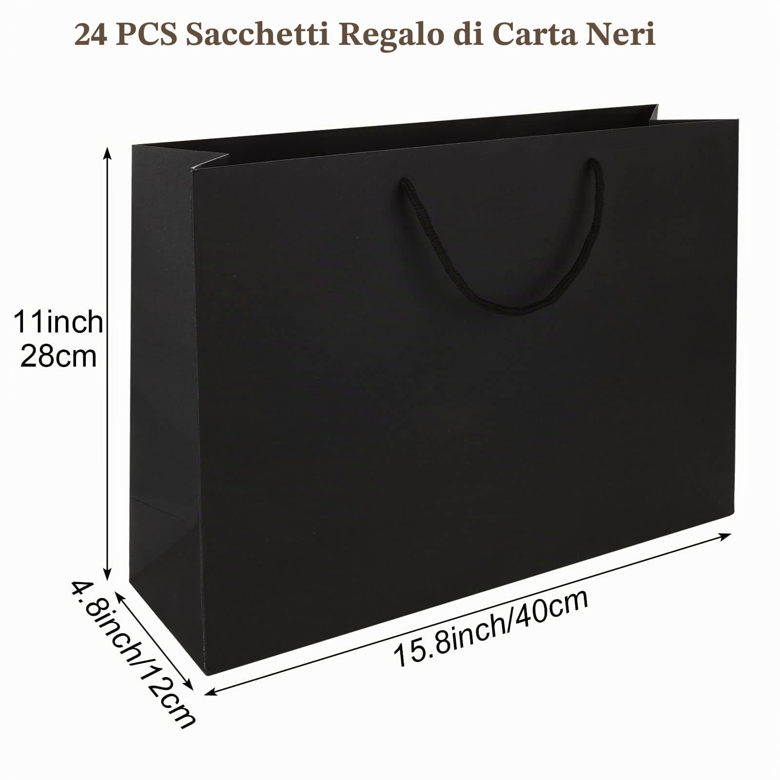 MUXHEL 24 pacchetti di sacchetti regalo di carta con manici, 40 x 12 x 28 cm nero grandi sacchetti di carta per feste, riutilizzabili sacchetti Kraft per shopping compleanno