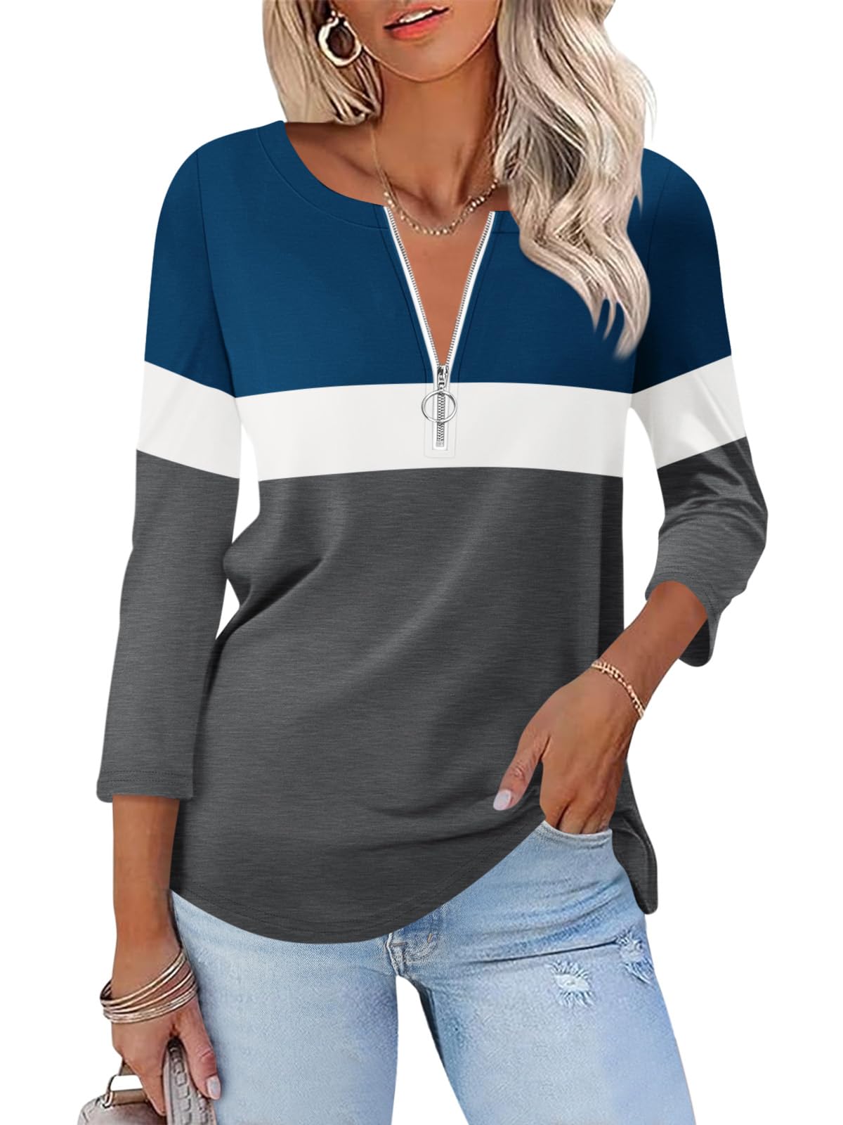 TICTICMISS Womens 3/4 Sleeve Tops Zipper Color Block Tunic Tops Casual Summer Shirts Trendy Tops