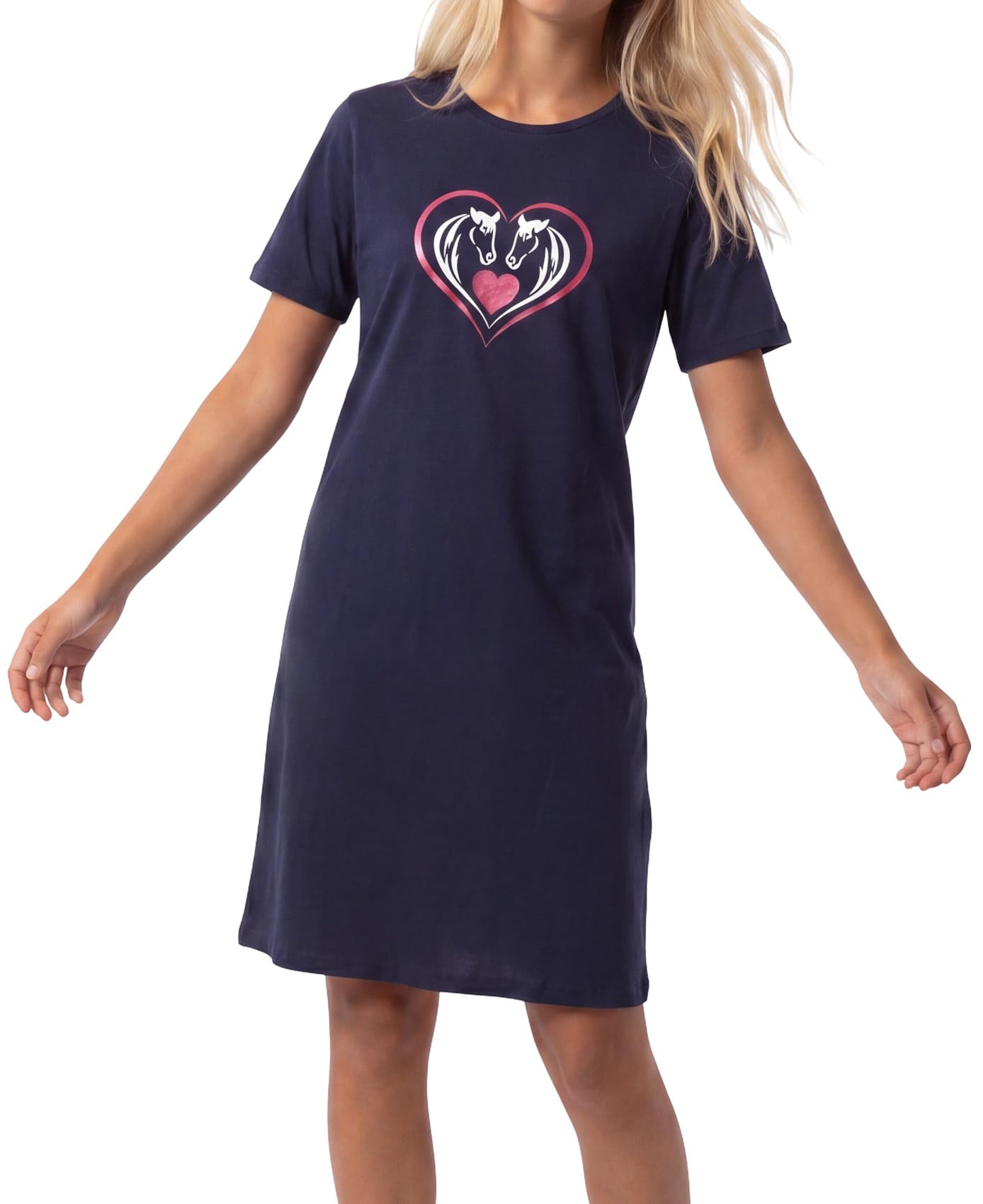 In One Clothing Mädchen Nachthemd kurz, Dunkelblau, I Love Horses | Europäische Produktion, Single-Jersey, 100% Baumwolle