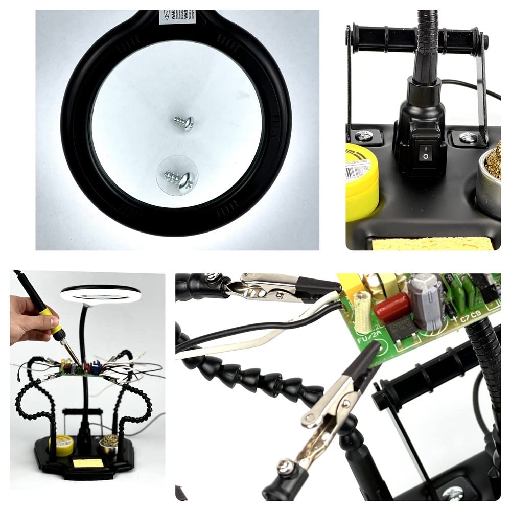 edi-tronic Helfende Dritte Hand flexibel Platinenhalter mit Zubehör Löthilfe mit LED Lupe