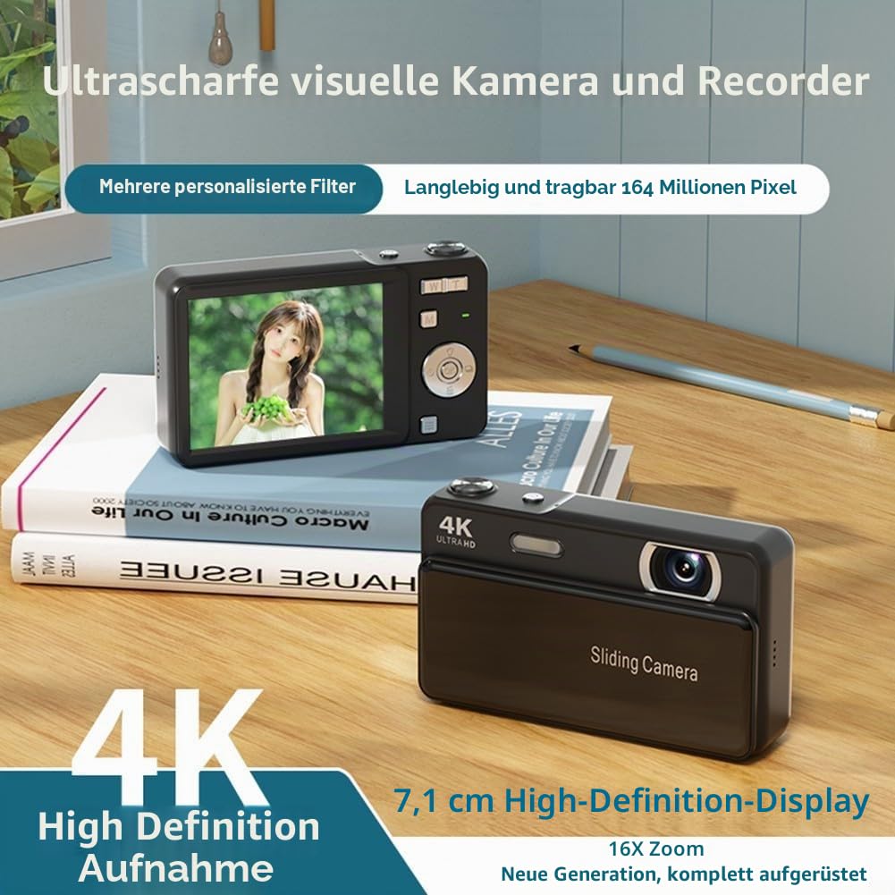 Tragbare Slider-Digitalkamera mit 64-MP-Bild, 16-fachem Digitalzoom, eingebautem Blitz, 4K-Video und elektronischer Bildstabilisierung für den Außenbereich (schwarz)