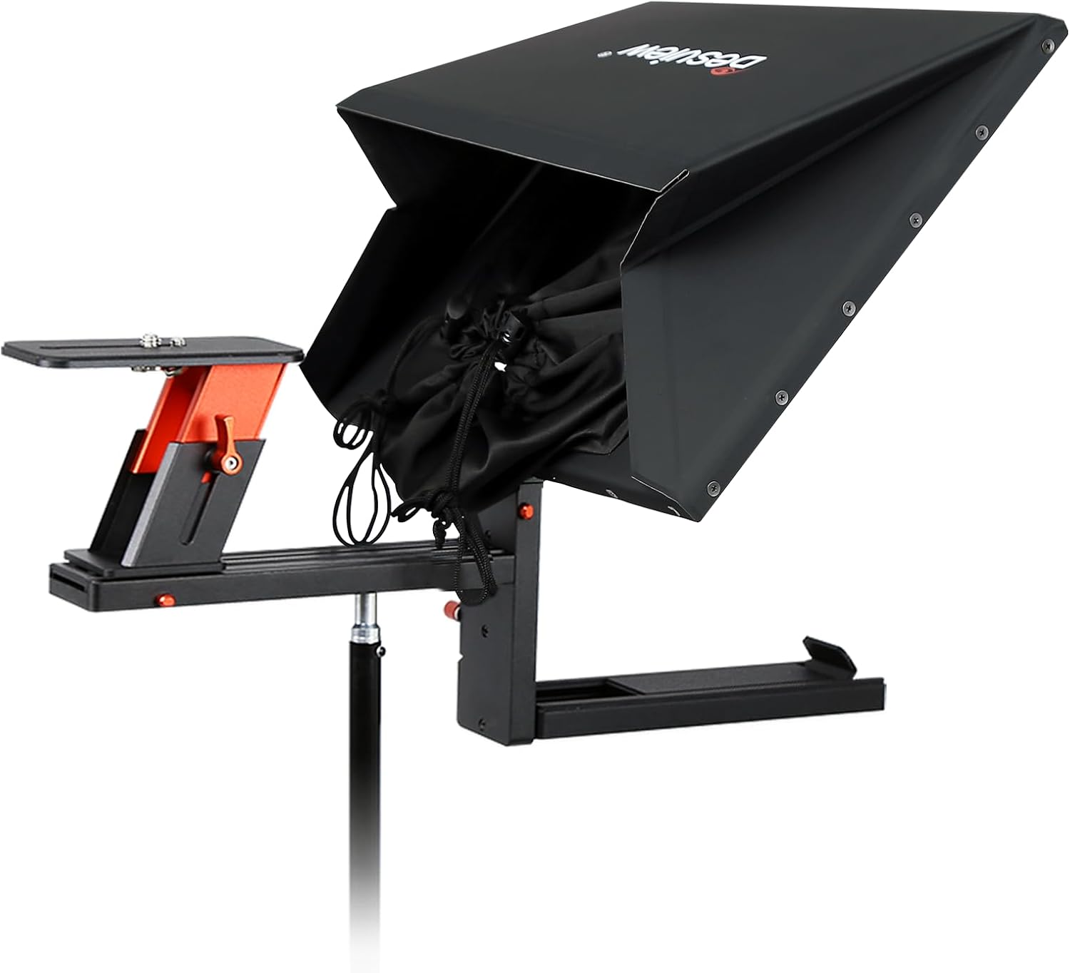 The teleprompter with its magnetic sunshade hood attached, covering the camera lens opening.