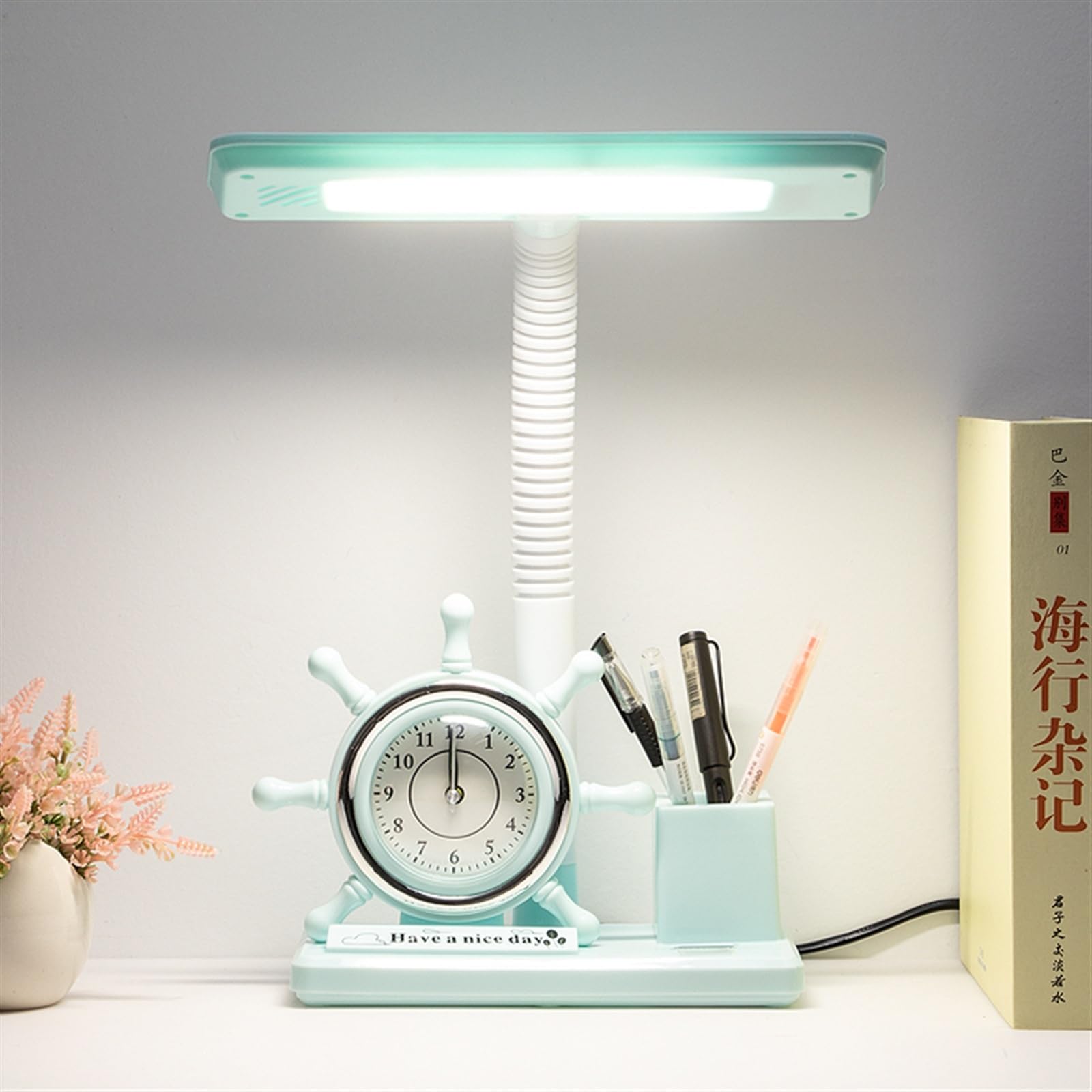 lampe de bureau Lampe de bureau avec protection des yeux, lampe de bureau LED enfichable avec petit réveil et porte-stylo, 3 modes d'éclairage, interrupteur à bouton lampe de lecture ( Color : Blauw )
