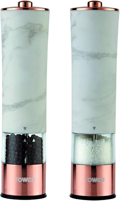 Tower T847005WR Marble Rose Gold Electric Salt and Pepper Mill with LED Light, Battery-Operated Grinding Mechanism, White Marble and Rose Gold