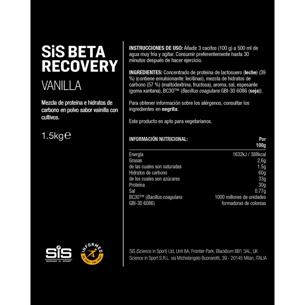 Science in Sport BETA Recovery en polvo 1,5kg Vainilla - Bebida deportiva de recuperación en polvo con carbohidratos y proteínas en una proporción 2:1, Bebida en polvo para entrenamiento