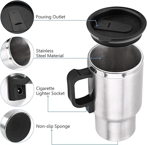 Miniatura 5 de Taza de viaje térmica, 12 V 15.2 fl oz, eléctrica Incar de acero inoxidable, taza de calentamiento de viaje, taza de café, té para auto, taza con