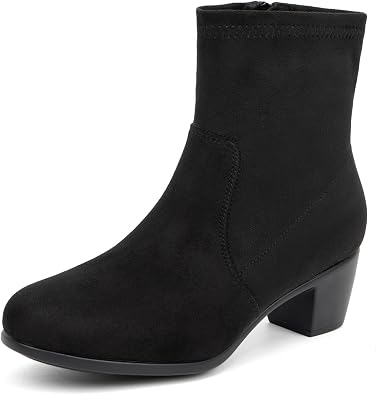 VJH confort Womens Stretch Ankle Boots Block Low Heel Almond Toe Comfy Dress Slip-on Booties with Zipper