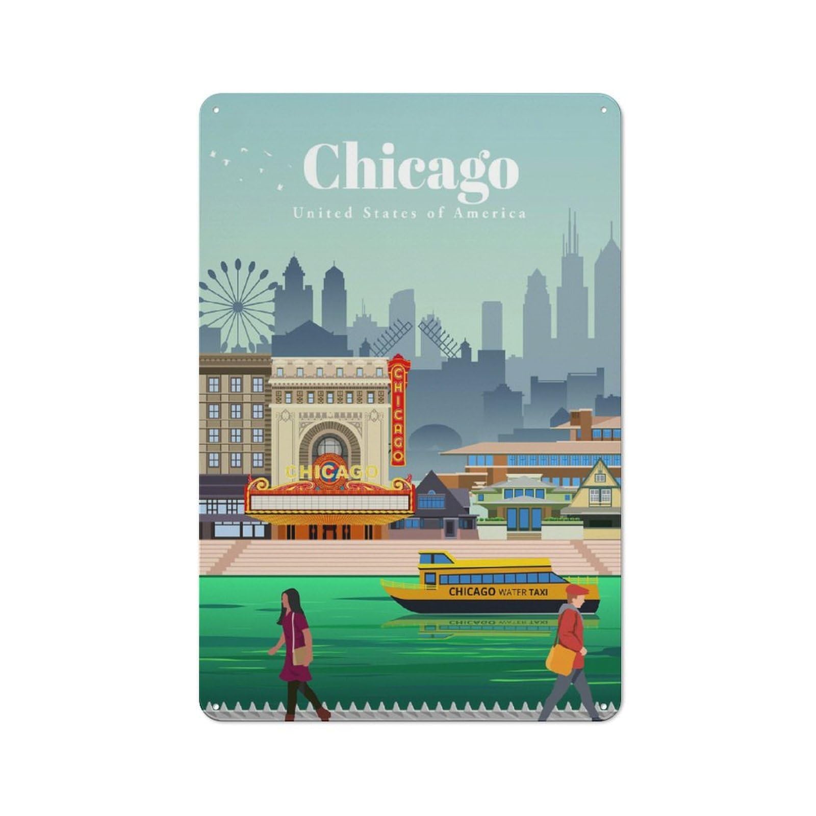 Junmoney Travel To Chicago Printed Tin Plaque For Seasonal Kitchen, Dining Room Or Entrance, Festive Gift For Home Decor Lovers, 30X20cm