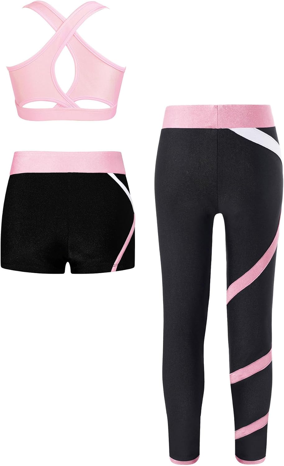 Moily Kids Breathable Sports Outfit Girls Gymnastic Set Cross Back Vest Shorts Leggings Cute Dance Wear Yoga Apparel Pink 14 Years