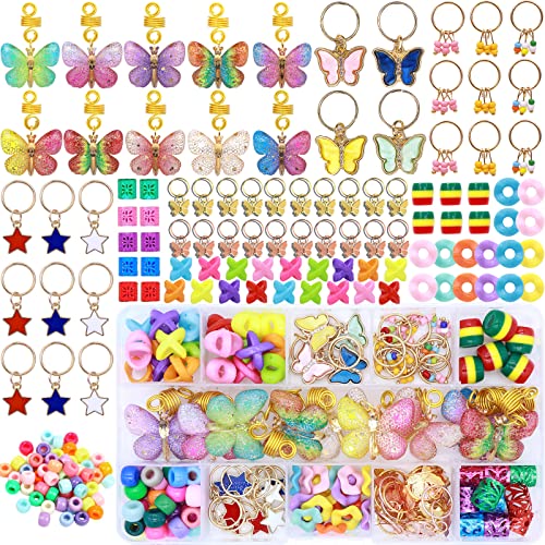 NAISKA 138Pcs Gold Butterfly Braid Hair Dreadlocks Accessories with Colorful Beads, Charms, and Pendants for Women's Hair Braids, Coils, and Loc Jewelry