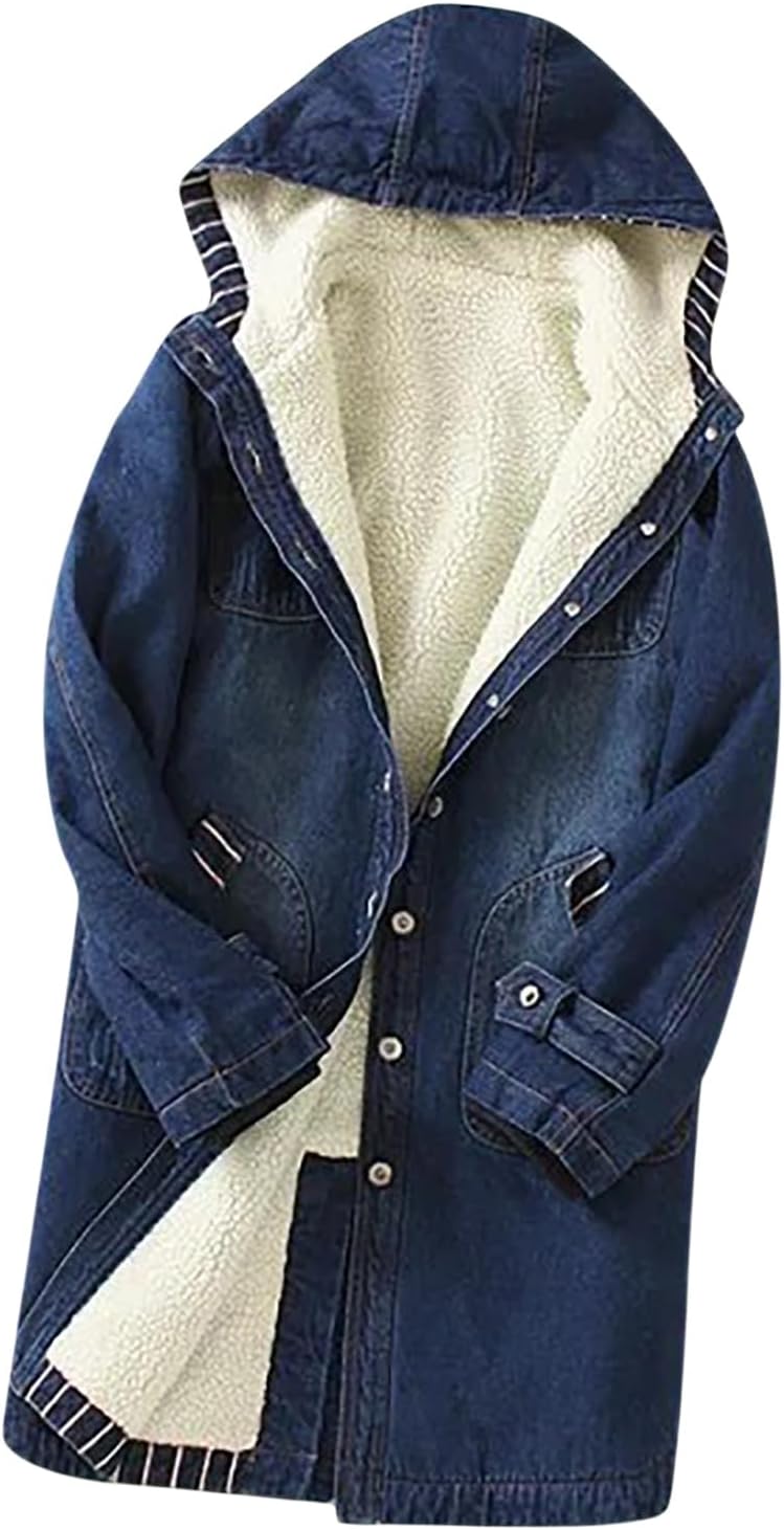 Sherpa Lined Denim Jacket Women Plus Size Button Down Long Shirt Jacket Fleece Fuzzy Thermal Winter Coat with Pockets