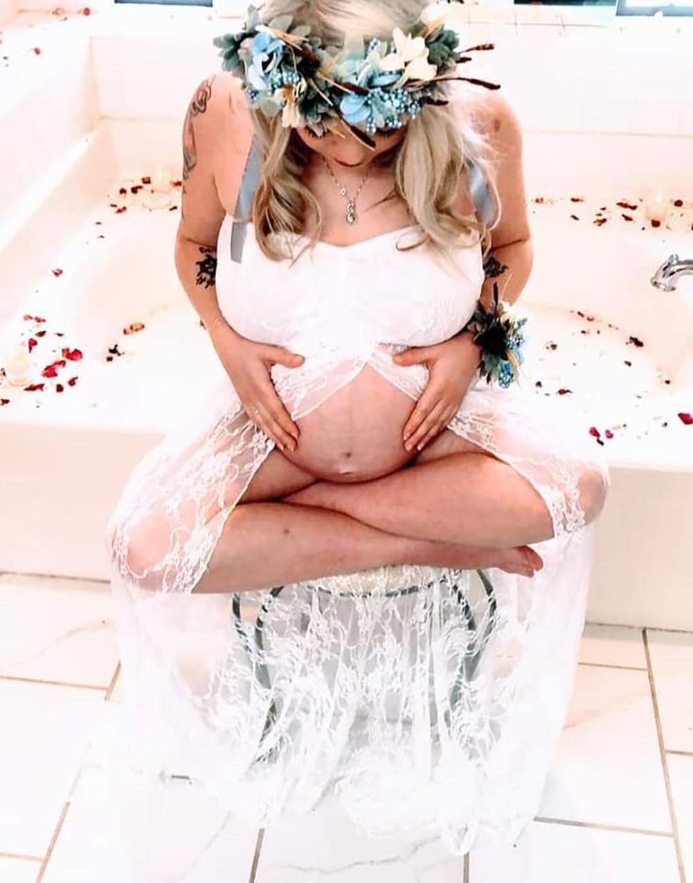 ZIUMUDY Women's Strapless See Through Lace Maternity Photography Gown Split Front Tube Dress