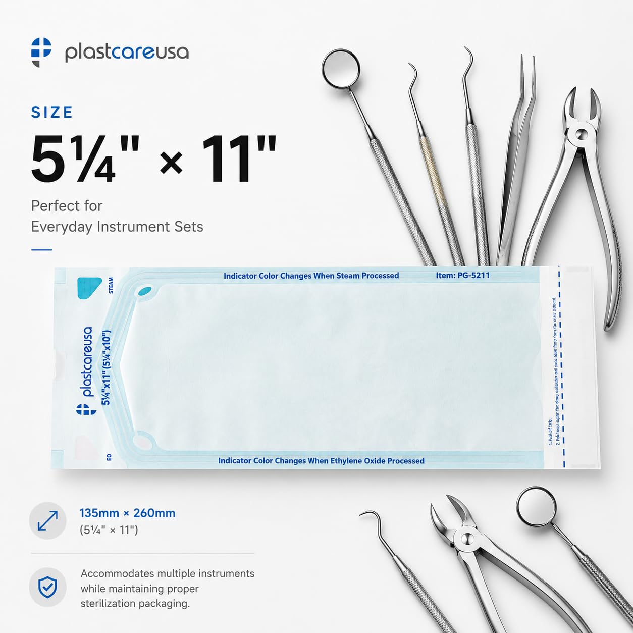 Getue 200 5.25 x 10 Self-Sterilization Pouches for Cleaning Tools, Autoclave Sterilizer Bags for Dental Offices, Pouch for Dentist Tools, 200 Bolsas, 1 Box of Paper Blue Film…