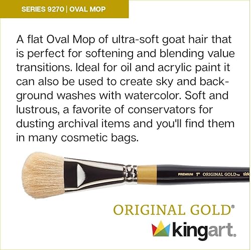 Miniatura 3 de KINGART Premium Original Gold 9270-38 - Cepillo ovalado para artista, pelo natural blanco suave, mango corto, para acrílico, acuarela y pintura al