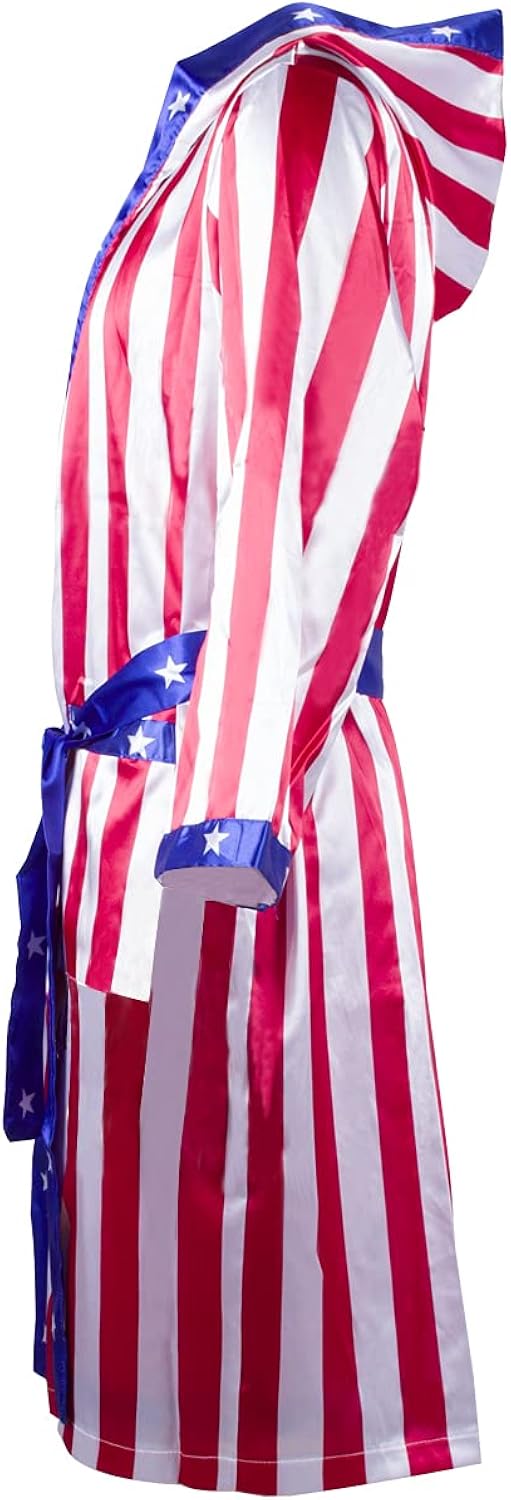 Miniatura 2 de COSMAKER Disfraz de boxeo de satén para hombre bandera estadounidense balboa bóxer con estrellas y rayas de EE UU con capucha y pantalones cortos