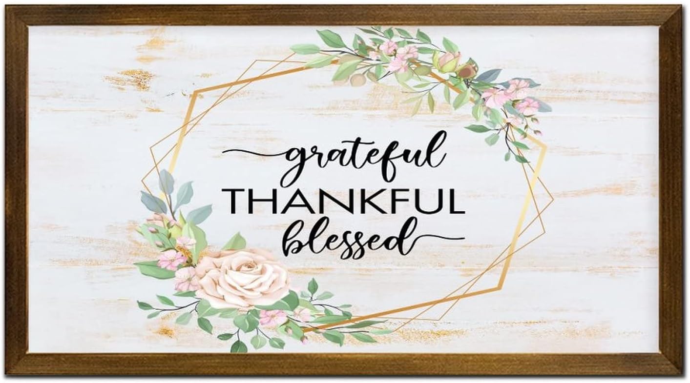 Grateful Thankful Blessed Wooden Framed Sign Fresh Sunflower Flower Wreath Wood Block Plaque Vintage Garden Floral Wood Hanging Wall Art Decor for Home Bathroom Indoor Kitchen Garden 12x22 Inch