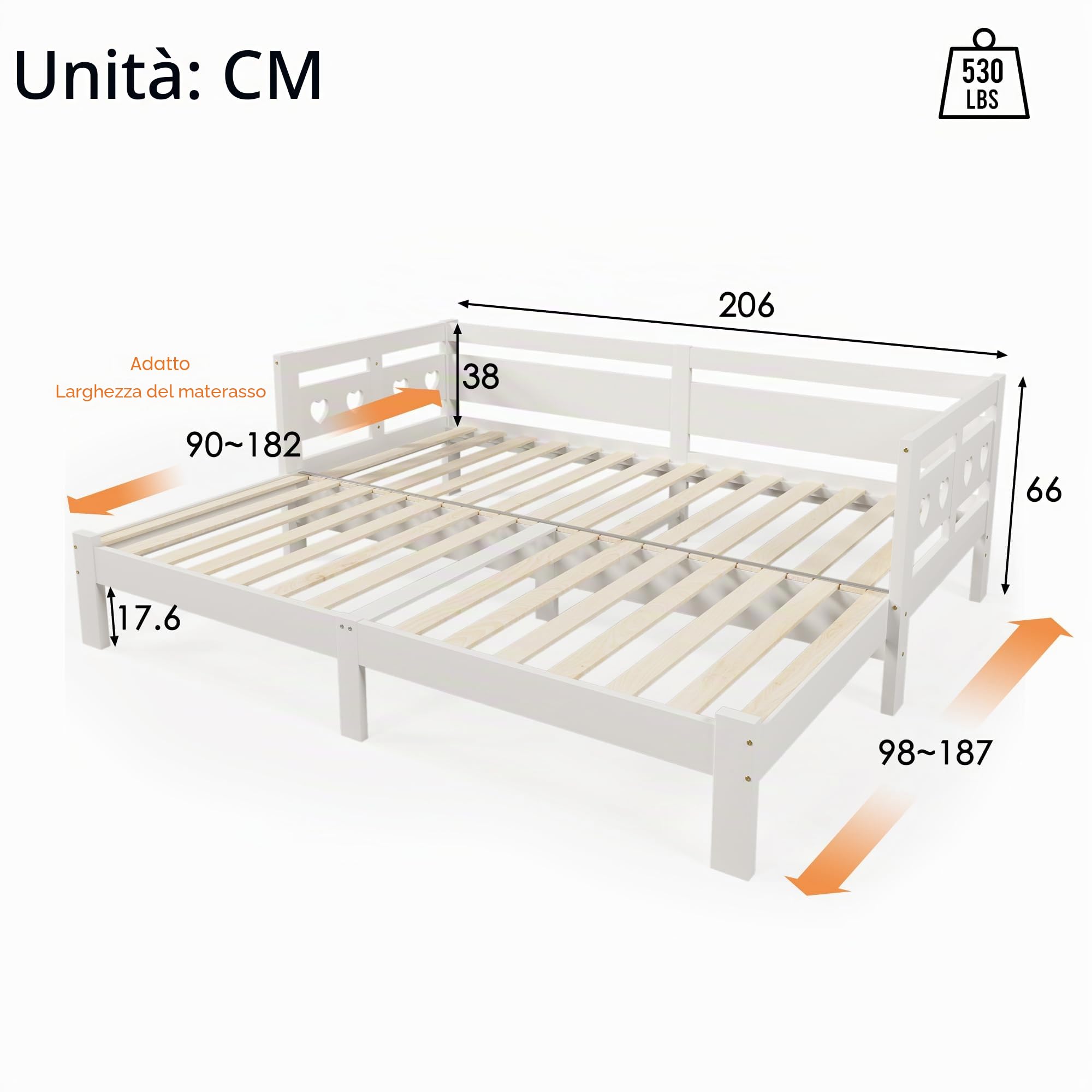 Letto allungabile, in pino massiccio, con 2° posti letto e rete a forma di cuore, bianco, letto diurno (90 x 200 cm)