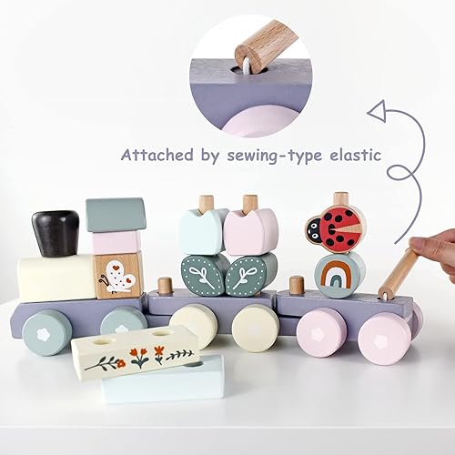 Vista 3 de Juego de juguetes de tren apilable de madera, bloques de construcción de madera con clasificador de formas, regalo de aprendizaje temprano