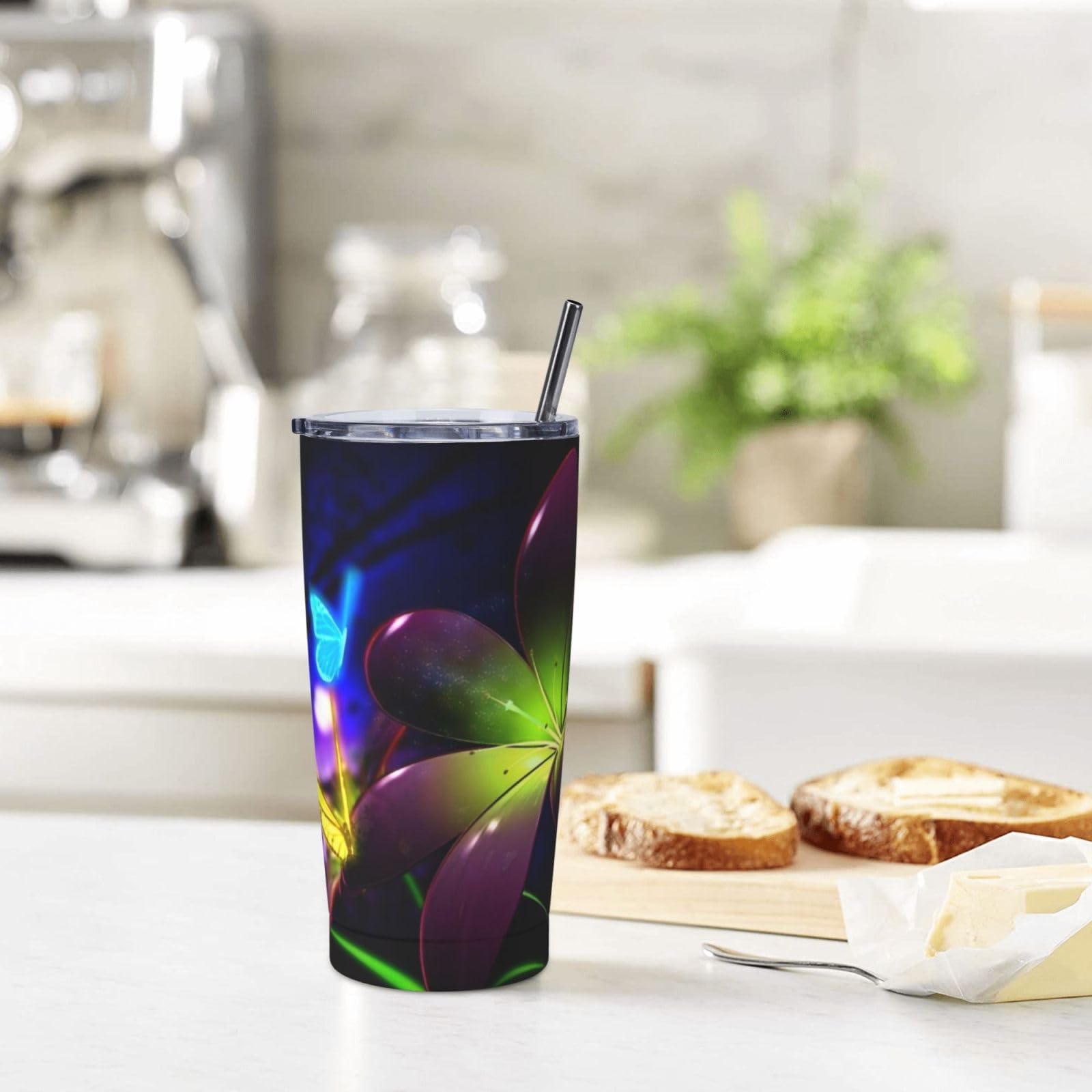 Tazza termica portatile della tazza dell'automobile della tazza dell'acciaio inossidabile stampata della farfalla del fiore viola blu