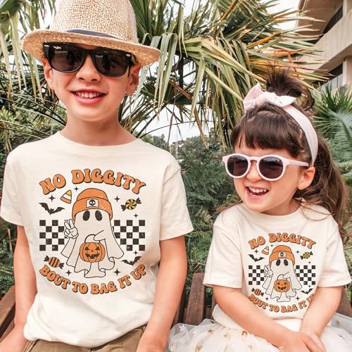 Kids Funny Trick Or Treat Shirt - Cute Vintage Retro Ghost Bout To Bag It Up Candy Halloween Outfit - Natural Boys & Girls Toddler, Youth Clothing2