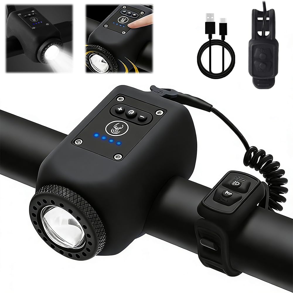 Campanello Bici Elettrico, Clacson Bici Elettrica Con Luci per Bicicletta, 6 modalità sonore, 4 modalità di illuminazione, Ricaricabile tramite USB, Impermeabile, Per monopattini elettrici, MTB