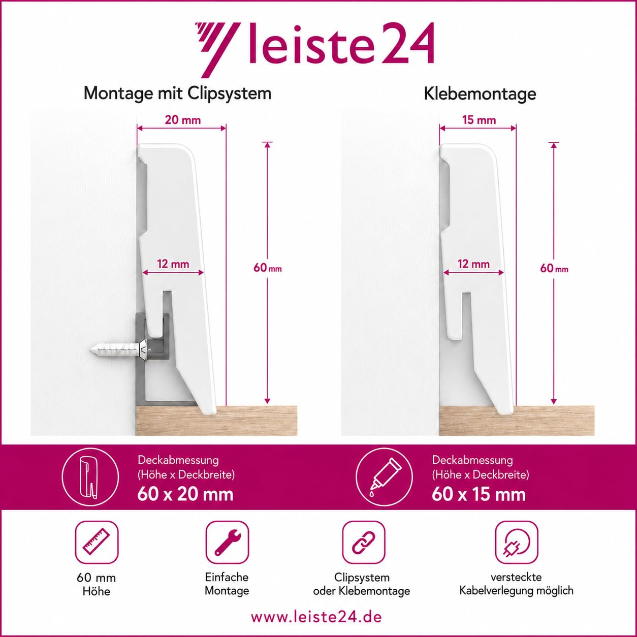 Leiste24 Lot de 10 plinthes en MDF avec chemin de câble et découpe à clip - Blanc - 26 m - 60 mm - Pour stratifié, vinyle, parquet et carrelage