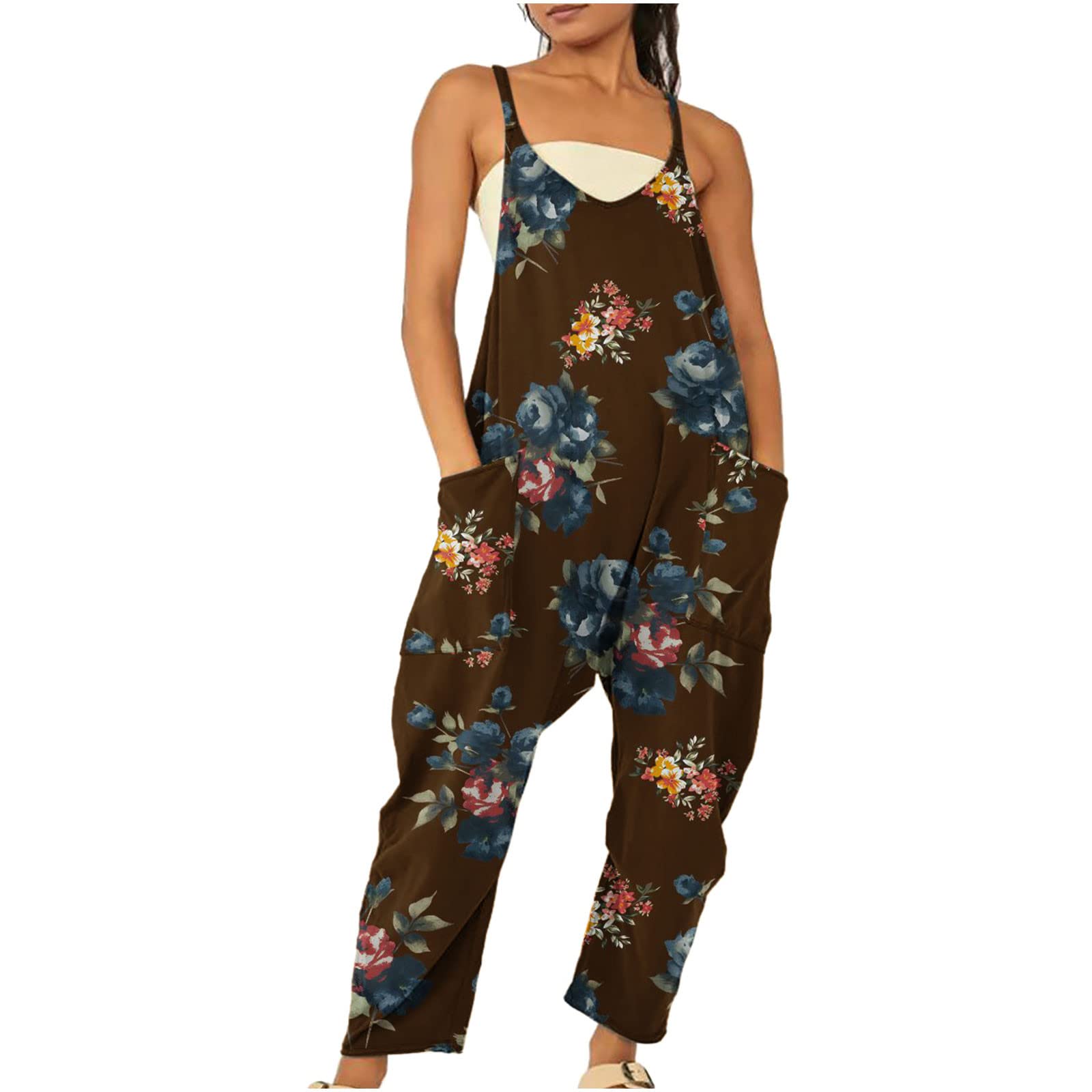 wuitopueWomen's Dungarees UK,Harem Jumpsuits Going Out Summer Jumpsuits  Baggy Casual Playsuit Holiday Pocket Sleeveless Rompers Party Floral Print  Bib