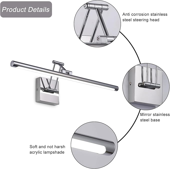 yumcrelect Chrome Bathroom Vanity Light Not Dimmable 16W 24 Inch LED Lamps for Wall over Mirror Modern LED Lamp Bar Round Tube Restroom over Sink Lighting with Adjustable Swing Arm Vanity Wall Sconces photo 3