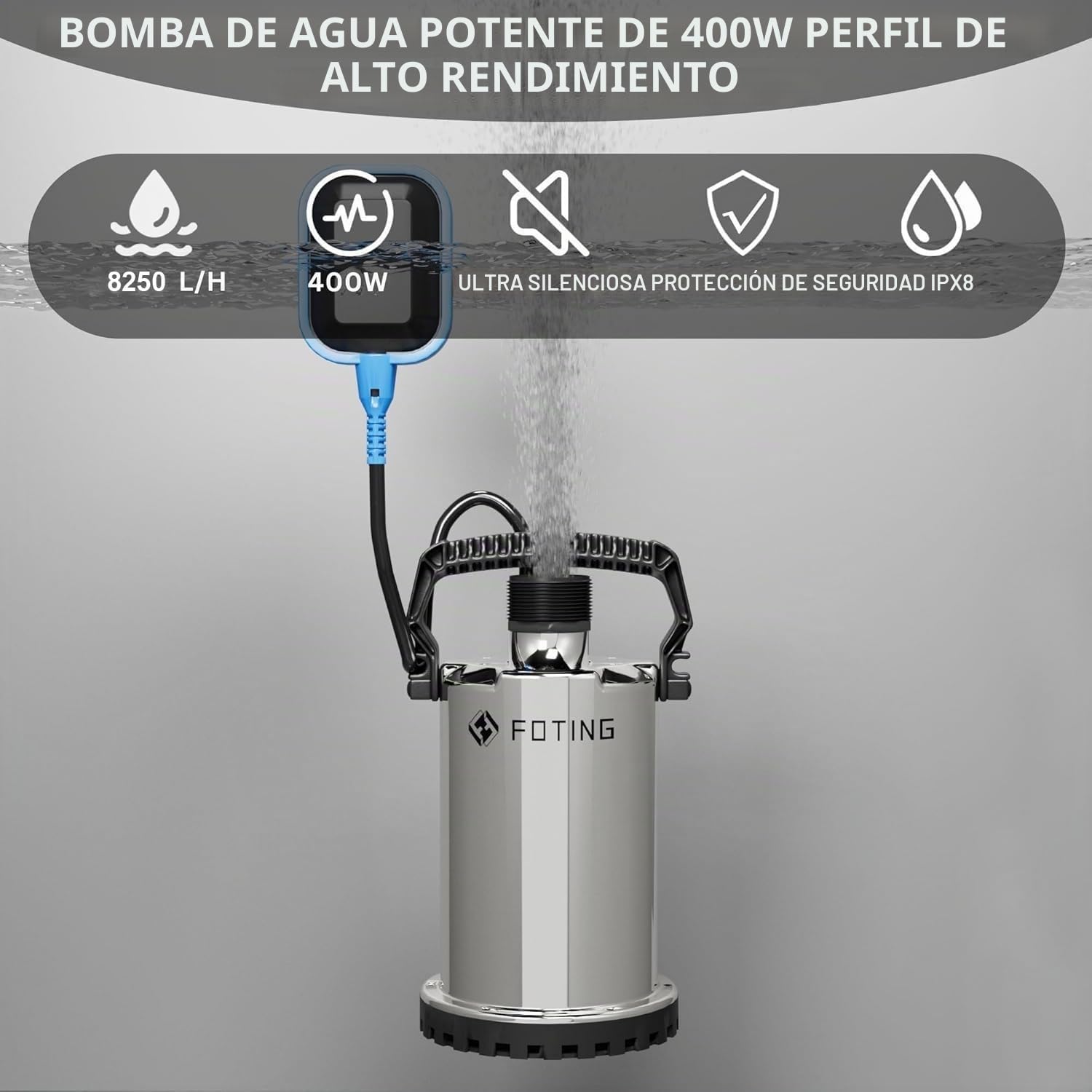 FOTING Bomba de agua Sumergible 400W, capacidad de 8.250 l/h, Altura máxima de suministro 7 m, inmersión máx. 7 m, interruptor de flotador, nivel mín. 7 mm, para jardín y depósitos