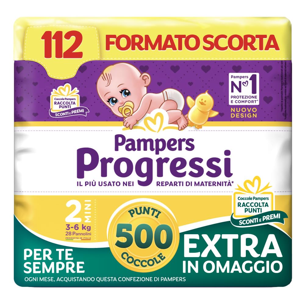 Pampers Progressi Mini +500 Punti Coccole extra in omaggio, Taglia 2 (3-6 kg), 112 Pannolini (formato scorta)