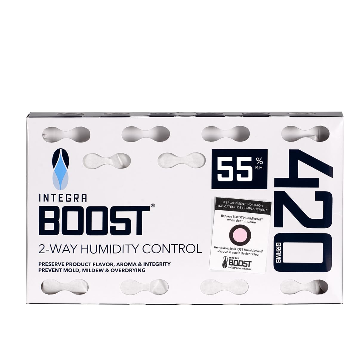 Integra Boost2-Way Humidity Control Pack, 420g (Pack of 5) - Preserve Flavor & Freshness, Maintain Humidity at 55% RH - Ideal for Herbs, Cigars, Spices, & More - Replacement Indicator Card Included