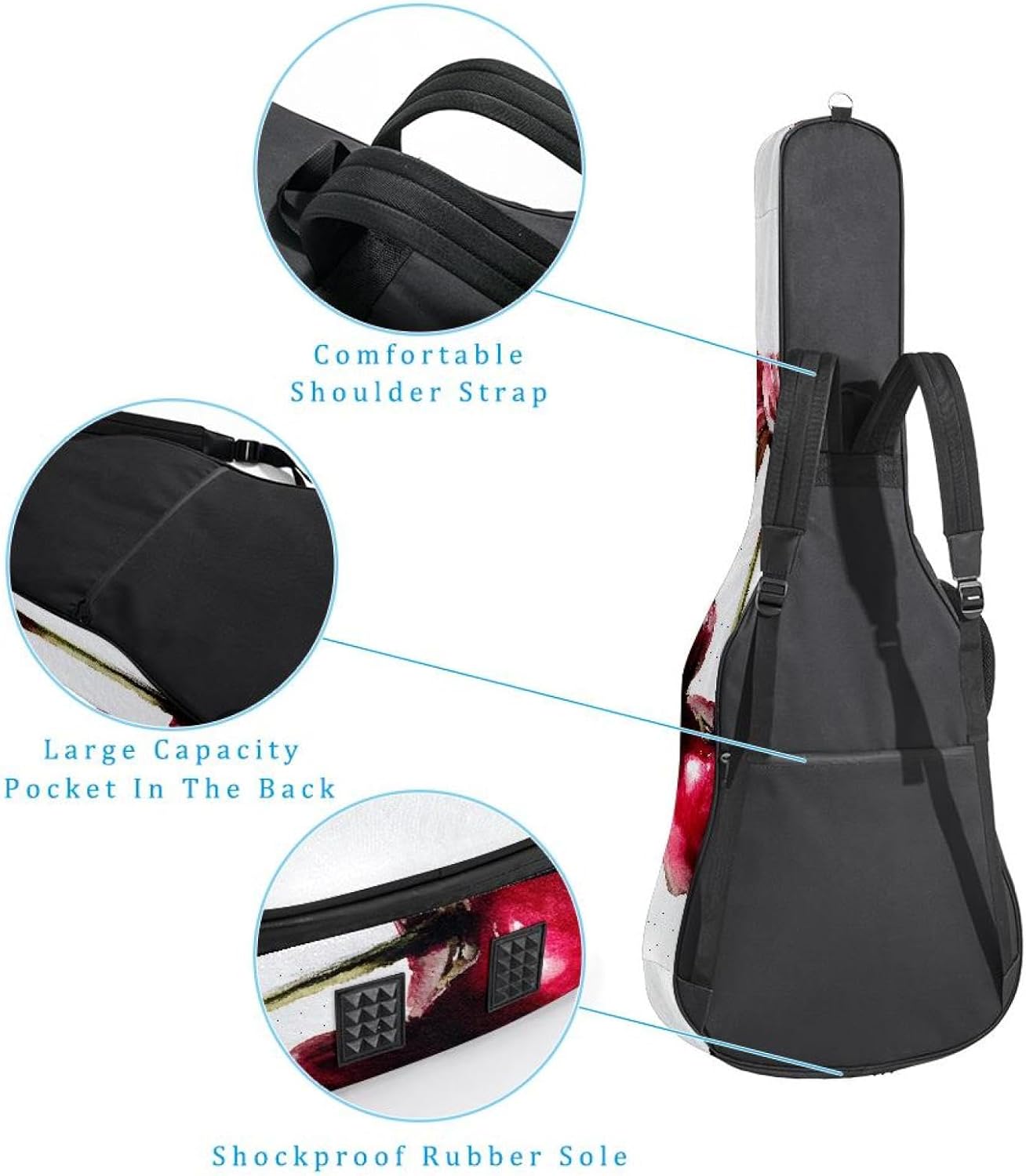 40 41 42 Inch Acoustic Guitar Bag, 0.4 In Thick Sponge Padded Guitar Case Gig Bag with Back Hanger Loop and 2 Pockets, Watercolor Red Cherries with Pink Bow