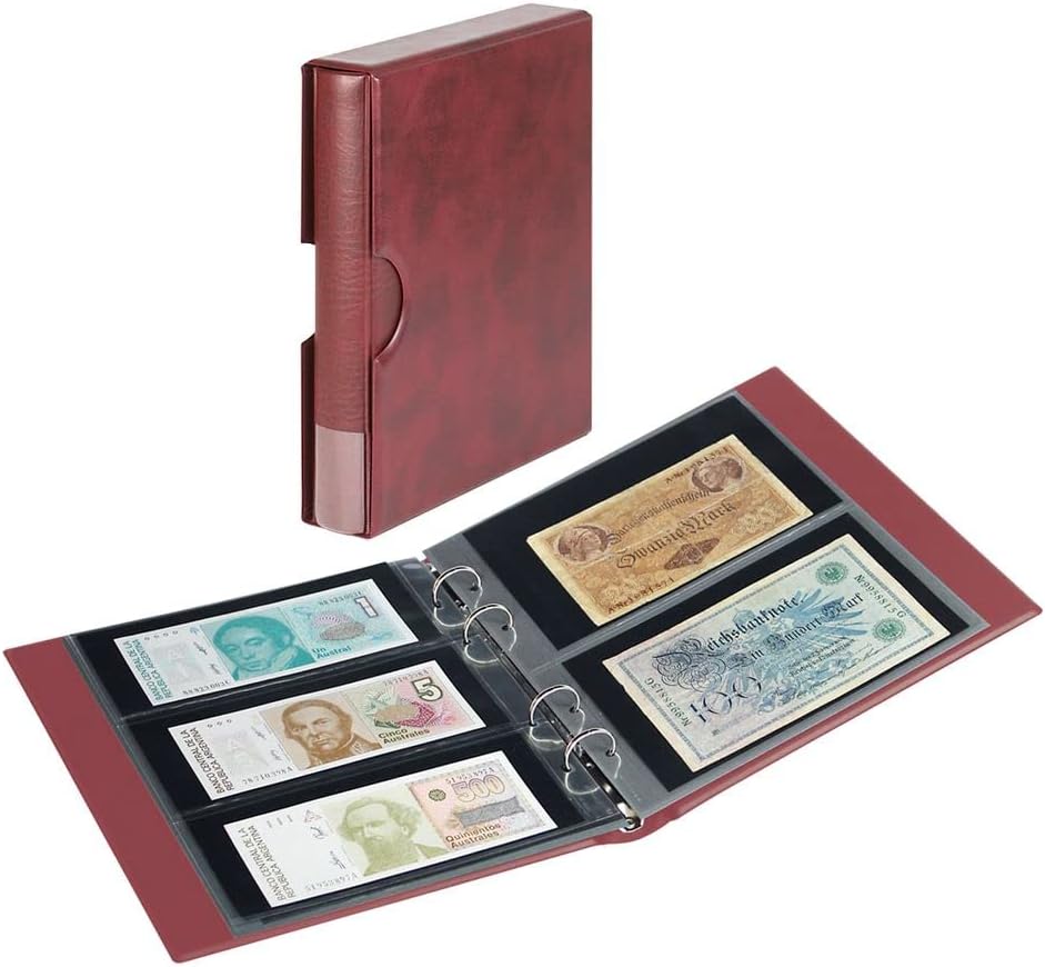 Banknote Album RONDO [Lindner S1406BN] with 10 crystal clear Multi collect pages in 2 different layouts, incl. slipcase, Colour: wine red