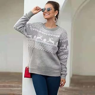VAAX Sweater for Women, Ladies Christmas Jumper Grey Geometry Christmas Elk Polka Dots Casual Sweatshirt Round Neck Long Sleeve Pullover Tops Blouse Loose Sweater T Shirt for Xmas