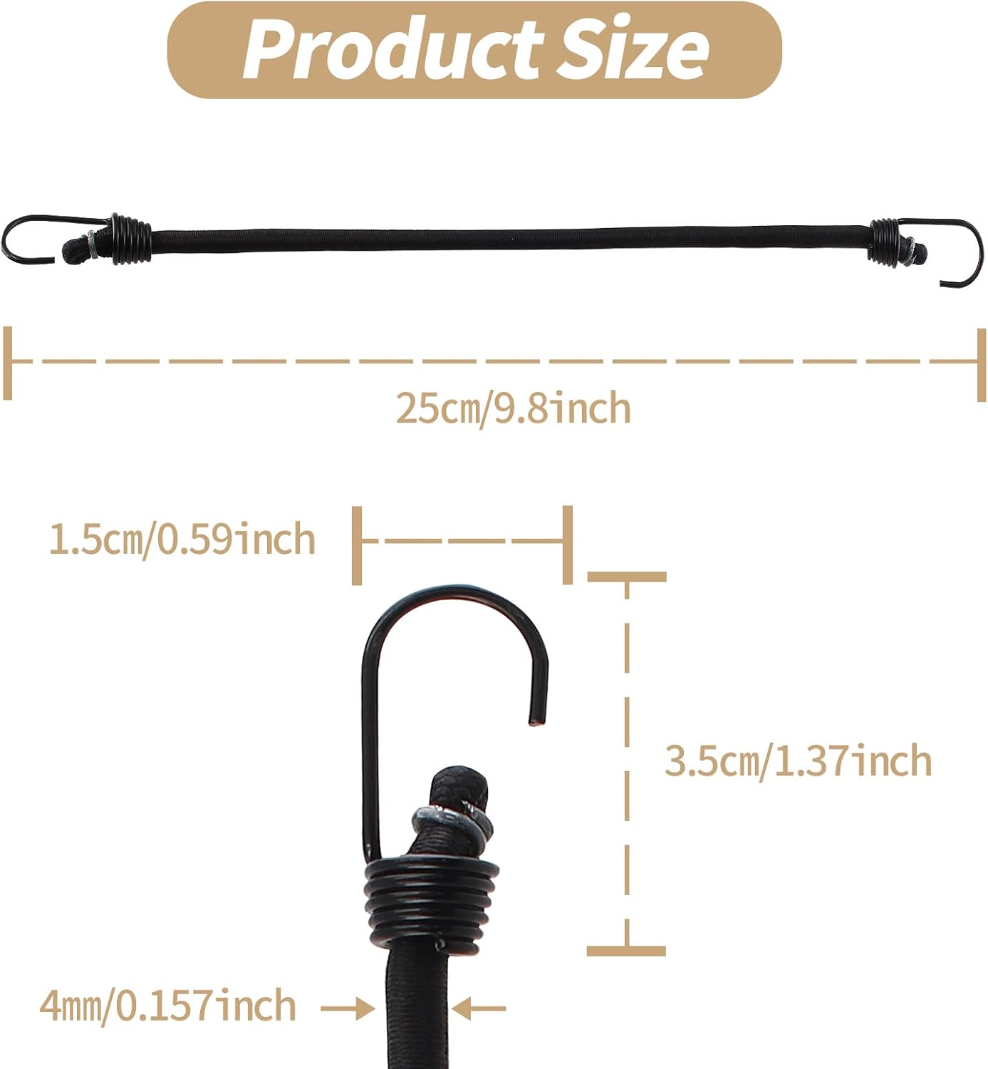 8 Pack Mini Bungee Cords with Hooks, 10 Inch Elastic Bungee Straps for Securing Tarps, Cargo, Canvases (Black with Black Hook)