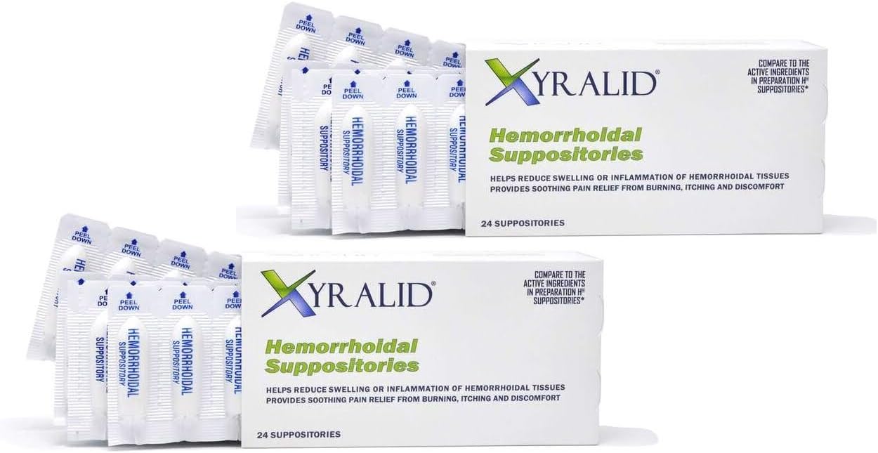 Xyralid™ Hemorrhoidal Suppositories - Helps Reduce Swelling or Inflammation of Hemorrhoidal Tissues - Provides Soothing Relief from Burning, Itching and Discomfort (24 Suppositories/Box, 2 Boxes)