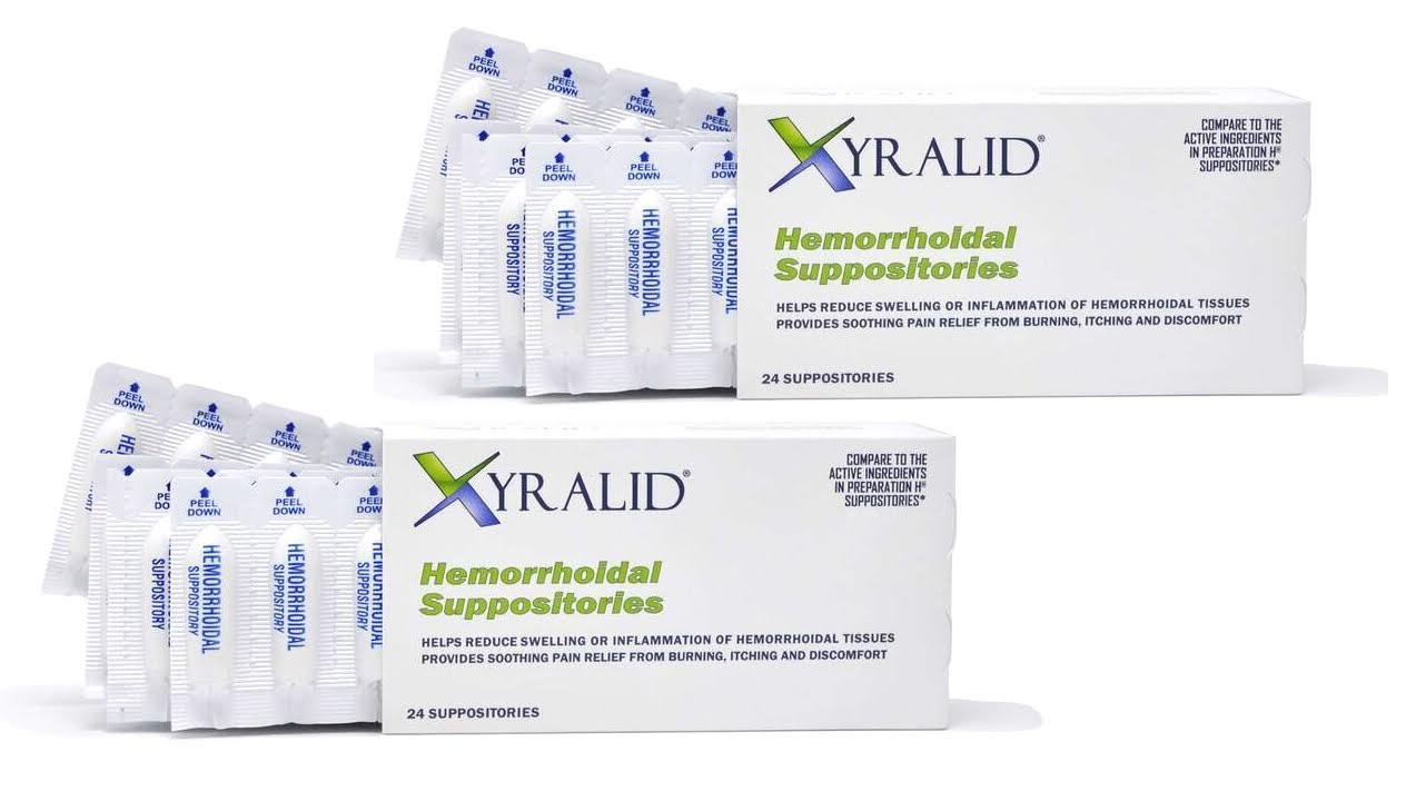 Xyralid™ Hemorrhoidal Suppositories - Helps Reduce Swelling or Inflammation of Hemorrhoidal Tissues - Provides Soothing Relief from Burning, Itching and Discomfort (24 Suppositories/Box, 2 Boxes)