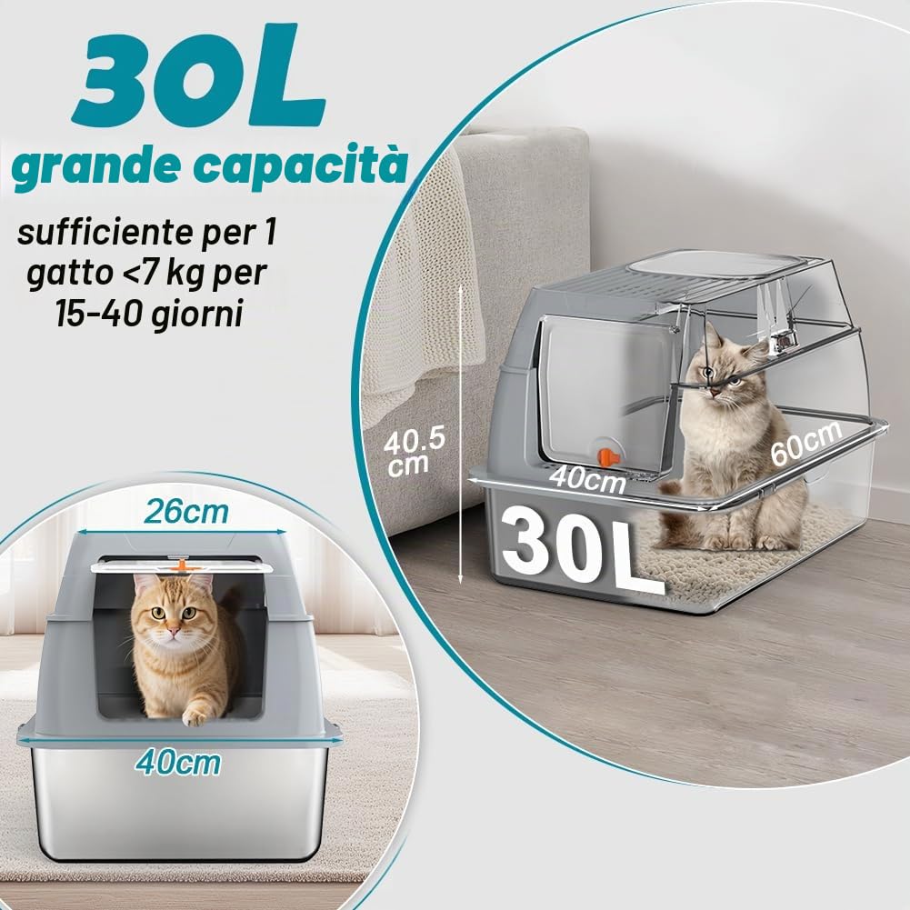 Lettiera per gatti grande XL, in acciaio inox con coperchio, in acciaio inox con coperchio, scatola per gatti chiusi, bordo alto, due ingressi, pala + tappetino + passo pedale, 60 x 40 x 39,5