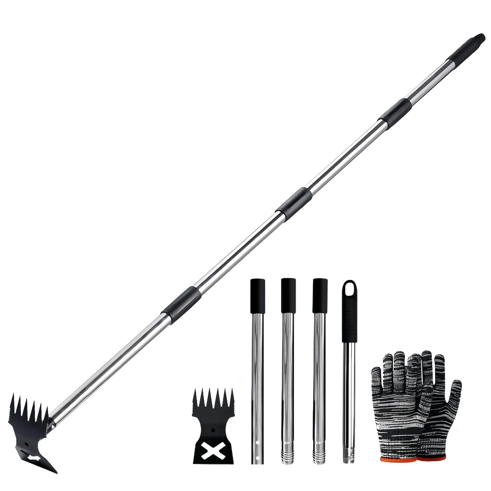 MEETOZ Weed Puller Tool with Long Handle, 2 in 1 Manual Weed Rake and Garden Hoe, 150cm Weed Remover Gardening Tools, for Yard, Lawn, Patio, Garden Hoe Weeder Rake Combo